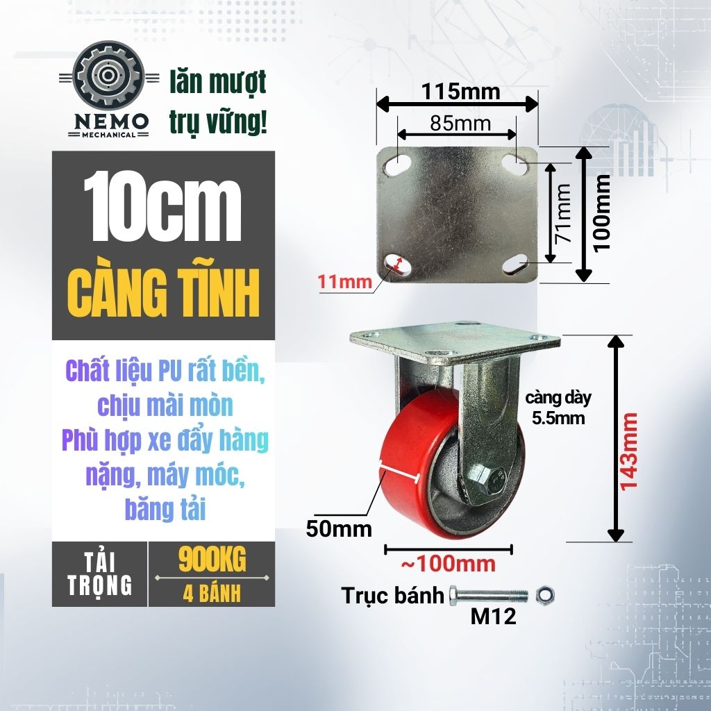 Bánh Xe PU Lõi Sắt Tải Nặng – Khung Càng Thép 5.5mm (D100, D125, D150, D200)